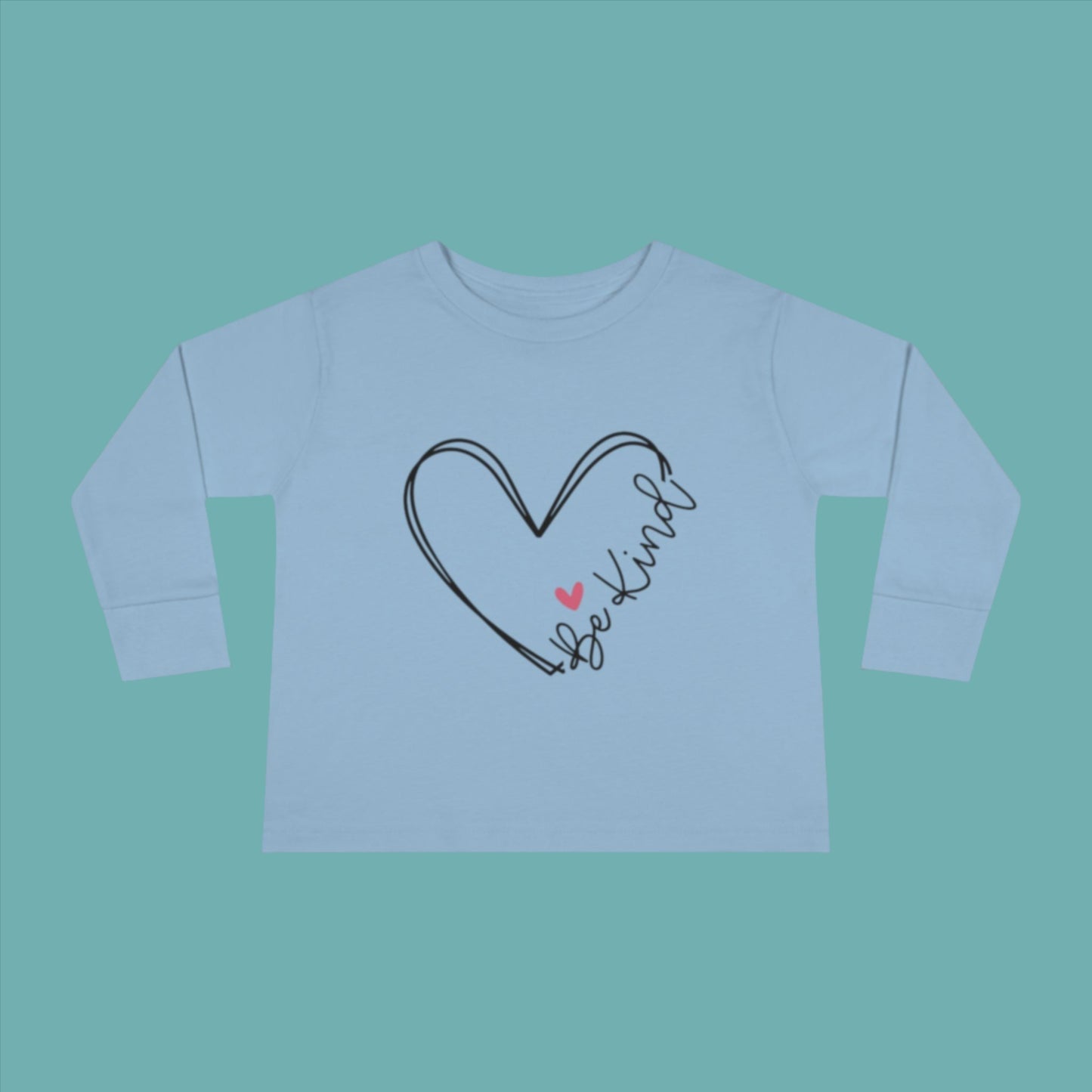 blue long sleeve toddler shirt with Be Kind heart  