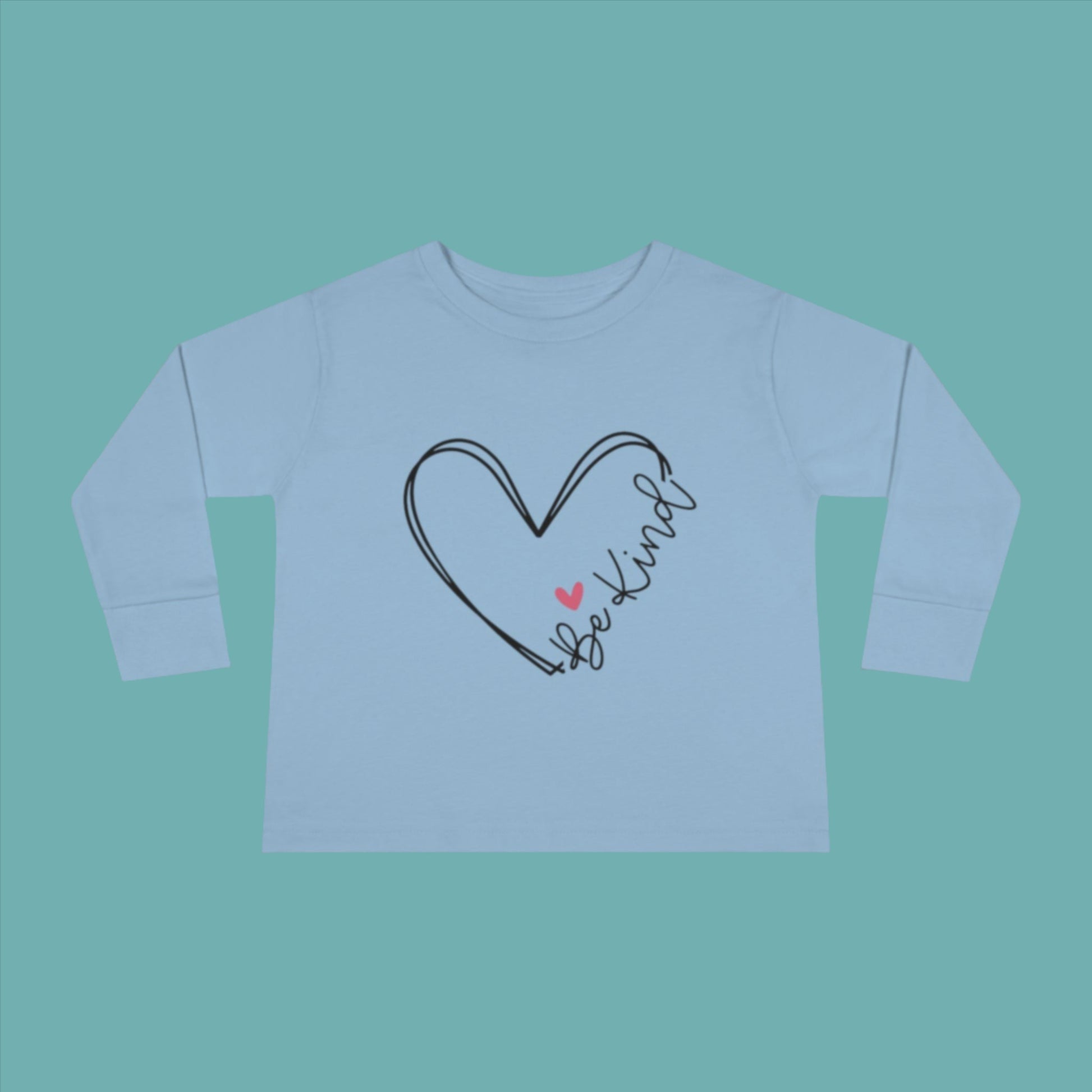 blue long sleeve toddler shirt with Be Kind heart  