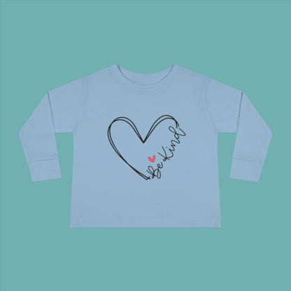 blue long sleeve toddler shirt with Be Kind heart  