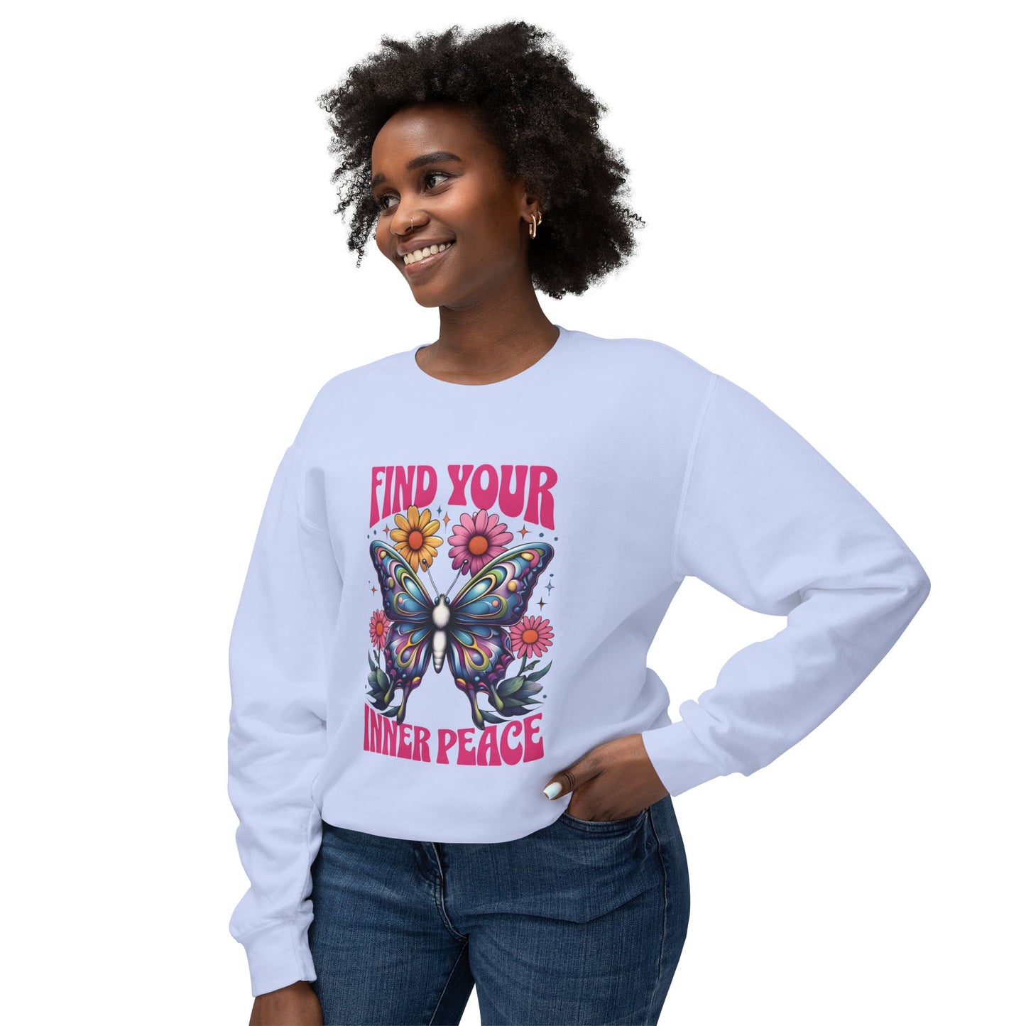 woman wearing Hydrangea Find Your Inner Peace Unisex Sweatshirt – Spiritual & Mindful Comfort