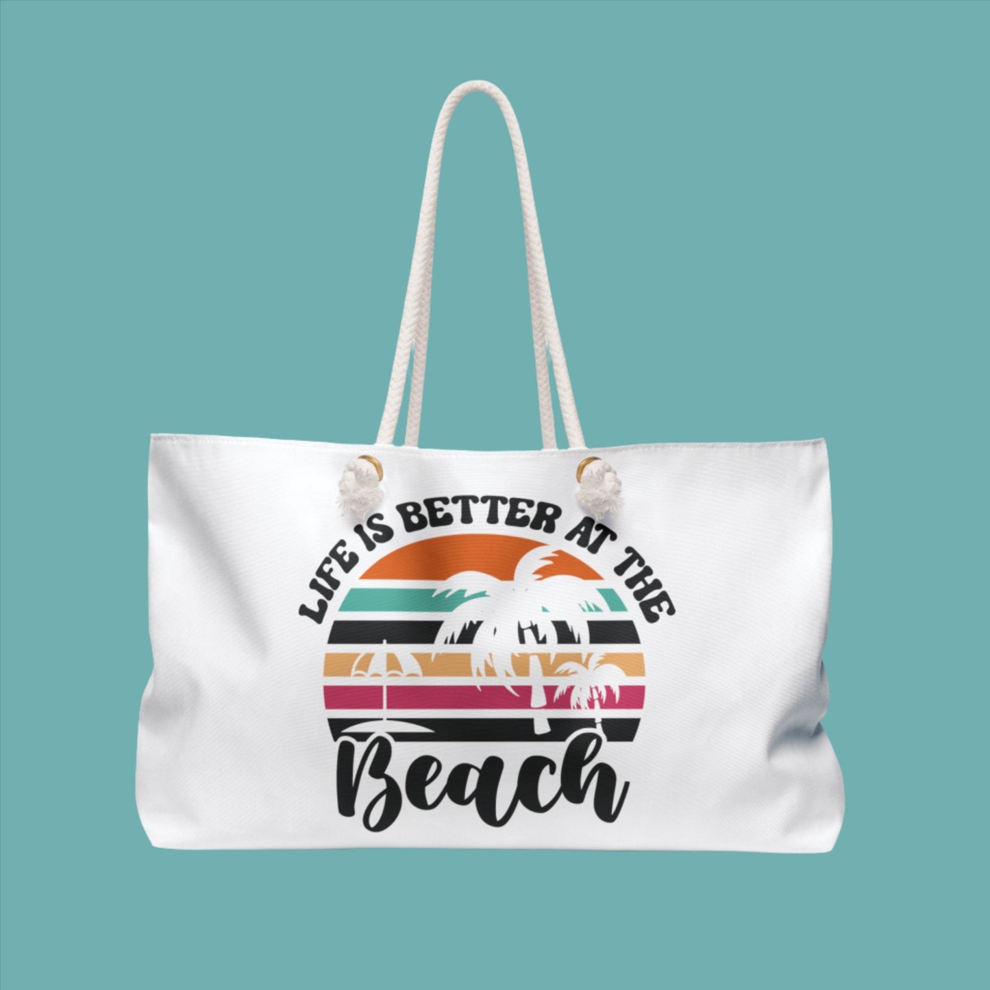 white bag with Life Is Better at the Beach Polyester Weekender Bag 