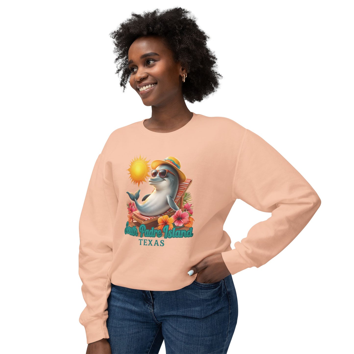 woman wearing peach South Padre Island, TX Dolphin Sweatshirt – Unisex Lightweight Crewneck