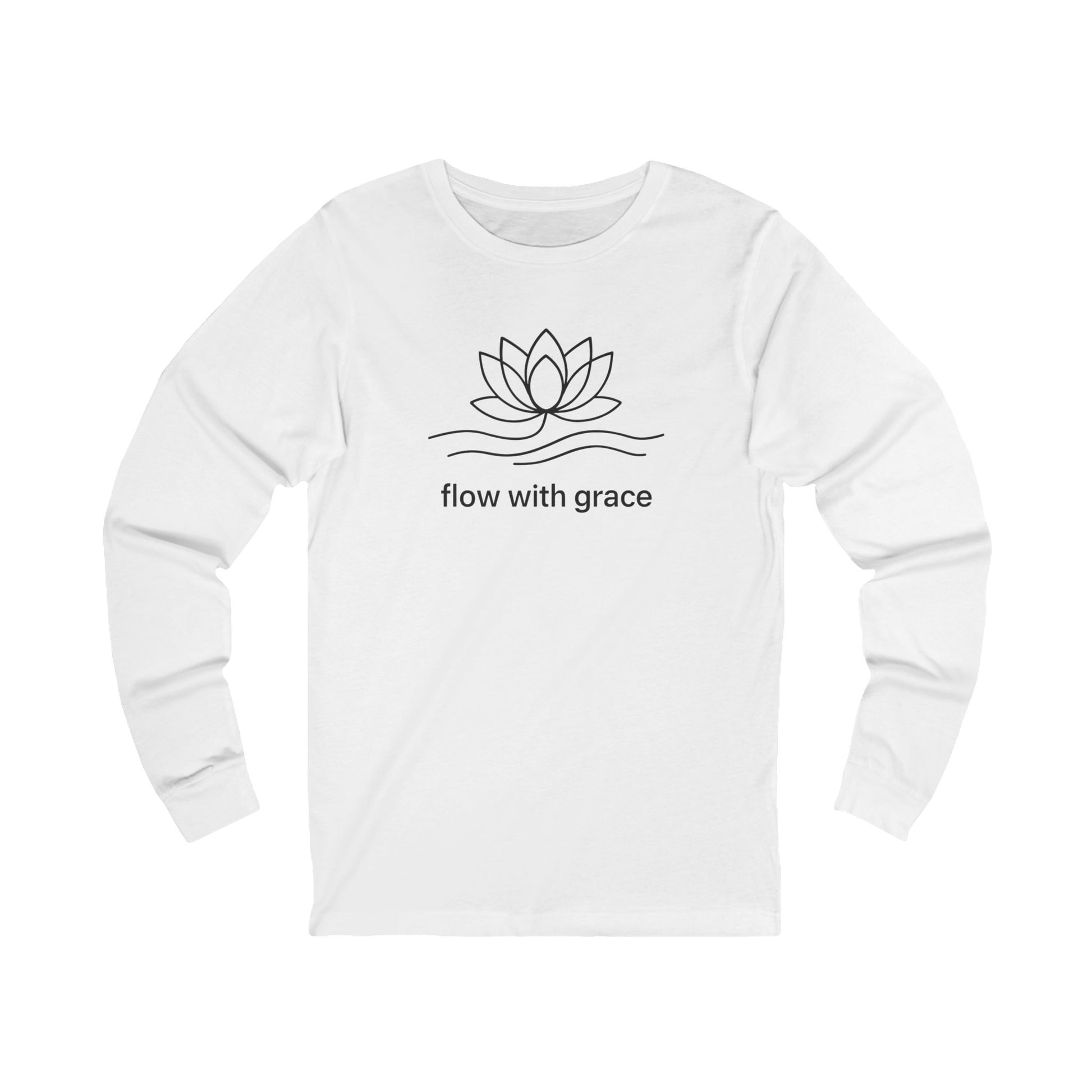 White long-sleeve shirt with a black lotus flower design and 'flow with grace' text on a white background