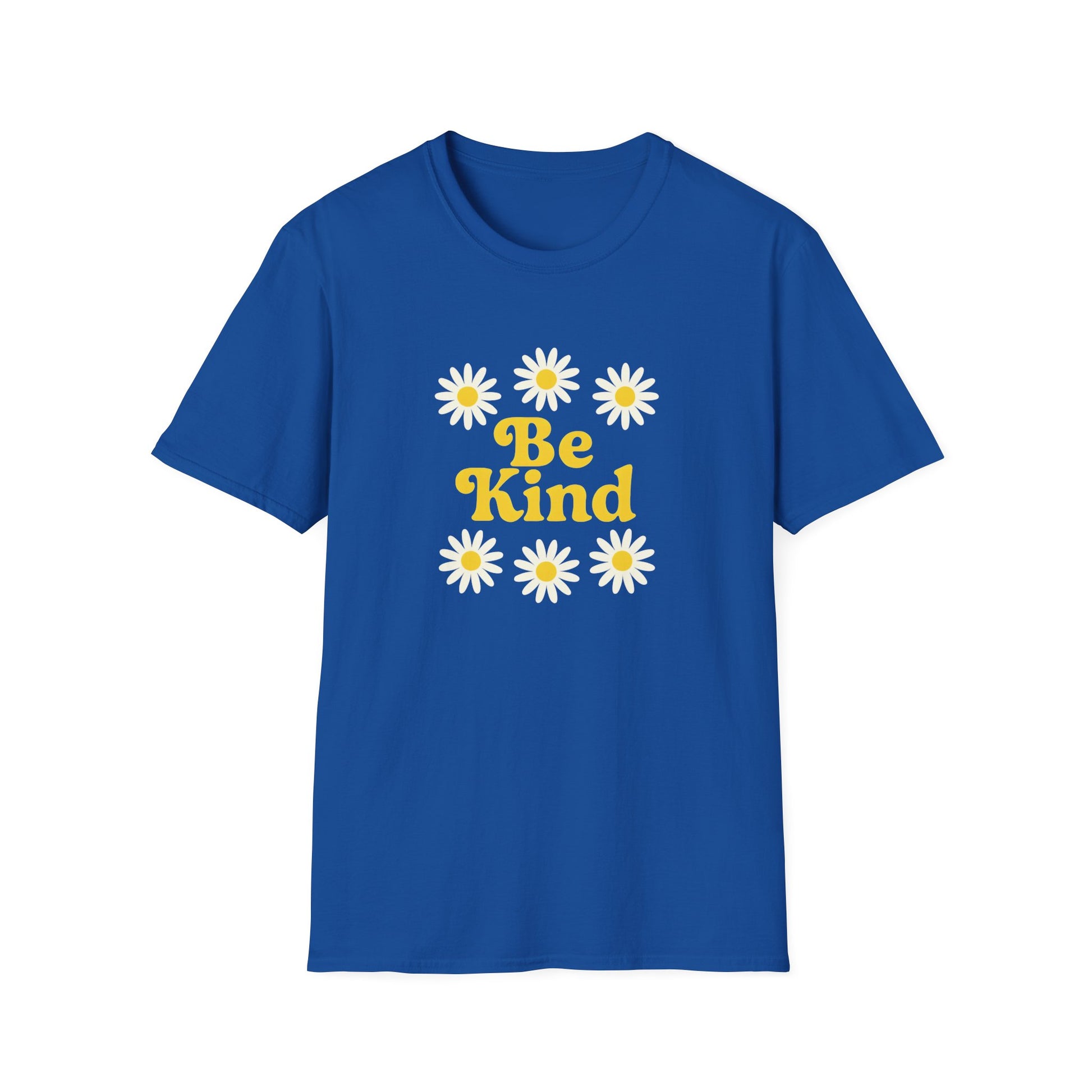 Blue t-shirt with 'Be Kind' and daisy flowers on a white background