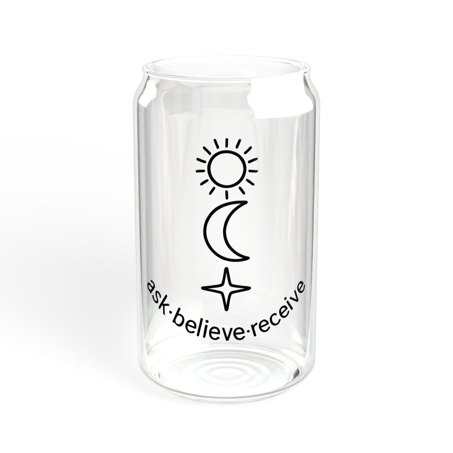 Clear glass vase with celestial symbols and text on a white background