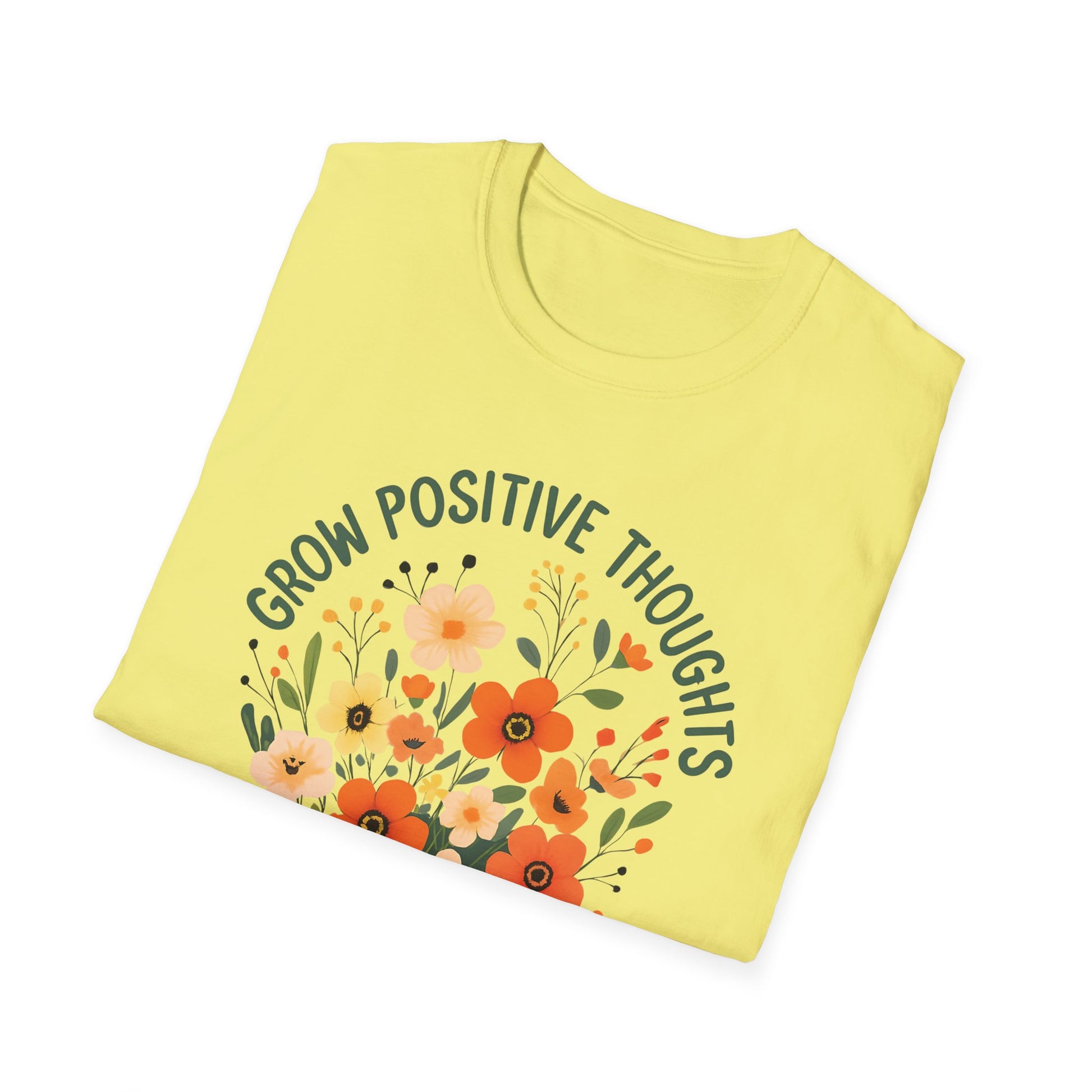 folded yellow Grow Positive Thoughts Unisex T-Shirt | Mindful Vibes