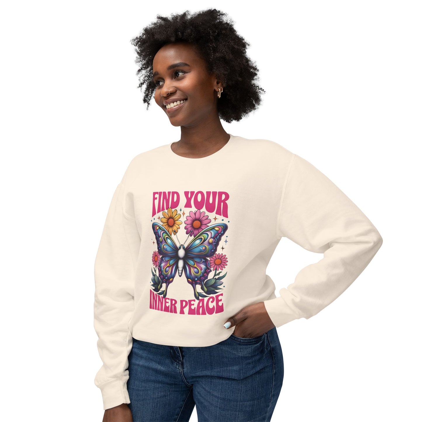 woman wearing ivory Find Your Inner Peace Unisex Sweatshirt – Spiritual & Mindful Comfort 