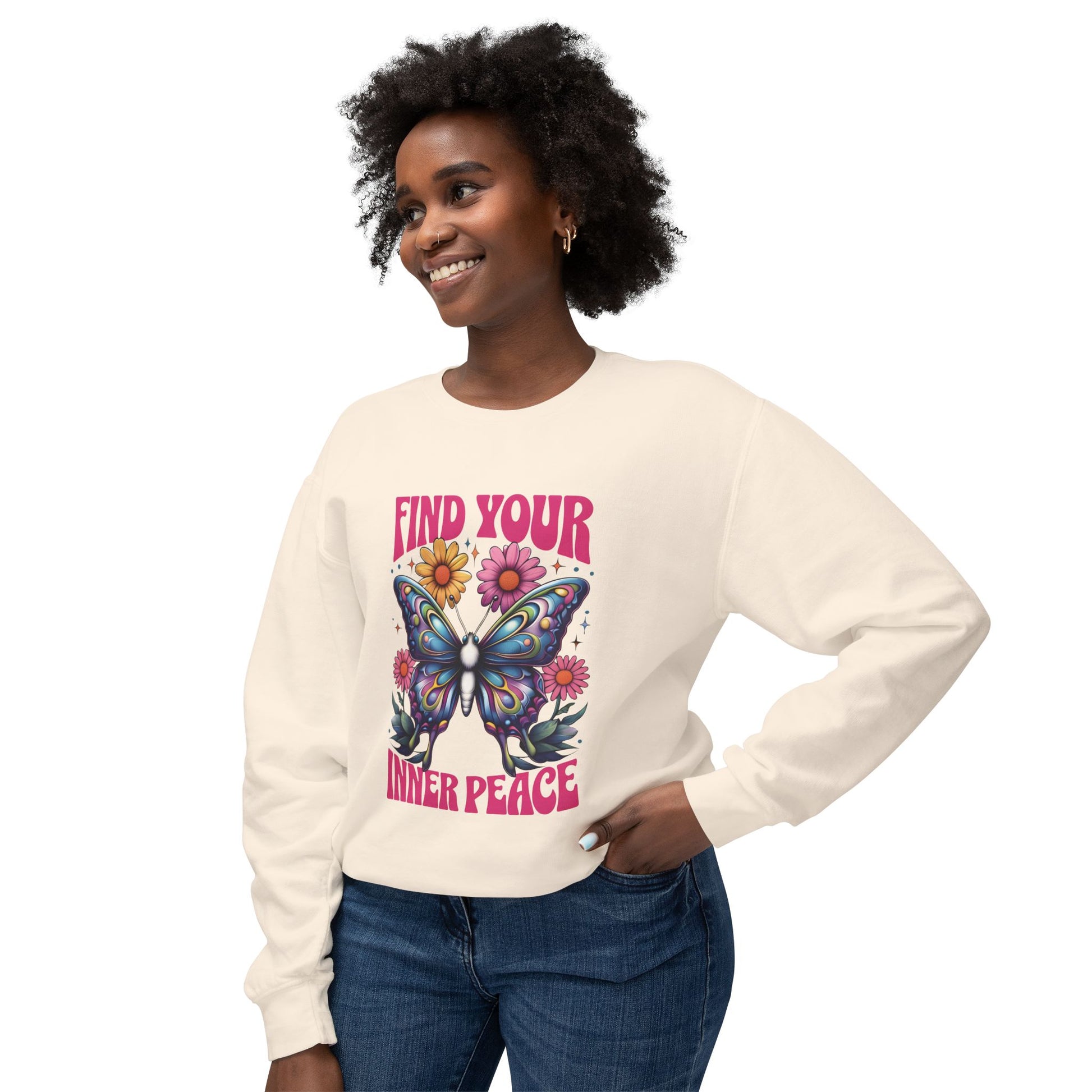 woman wearing ivory Find Your Inner Peace Unisex Sweatshirt – Spiritual & Mindful Comfort 