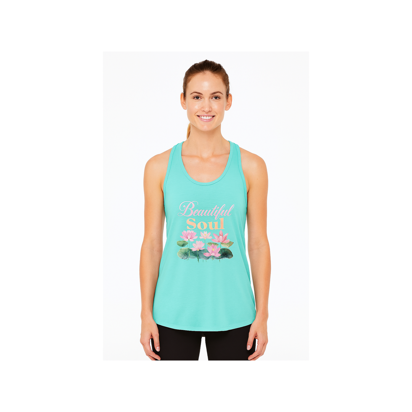 Woman wearing a turquoise tank top with floral design and text on a white background