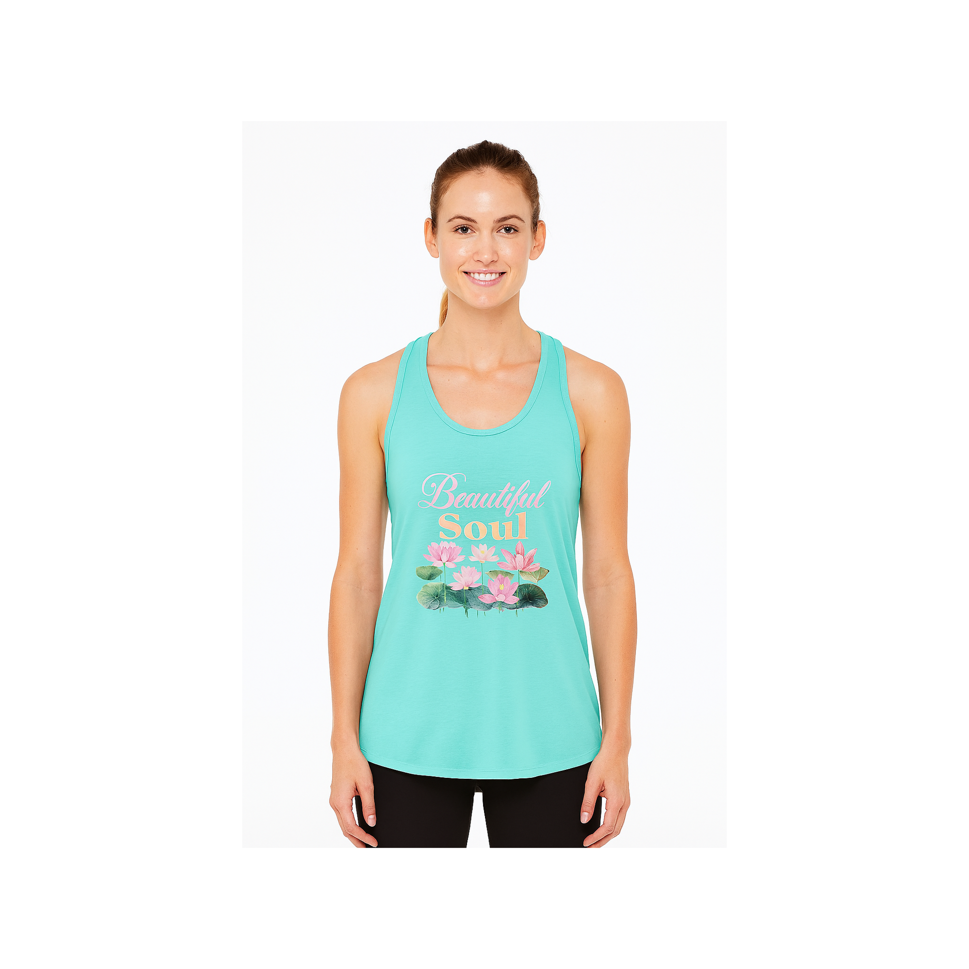 Woman wearing a turquoise tank top with floral design and text on a white background