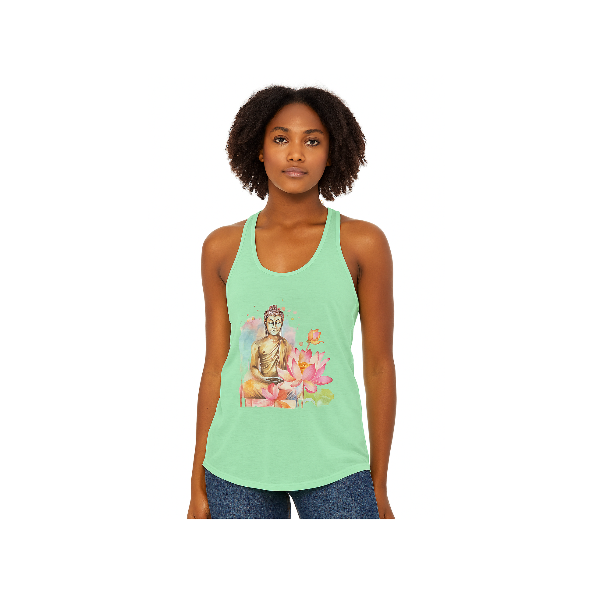 Woman wearing a light green tank top with a Buddha design on a white background