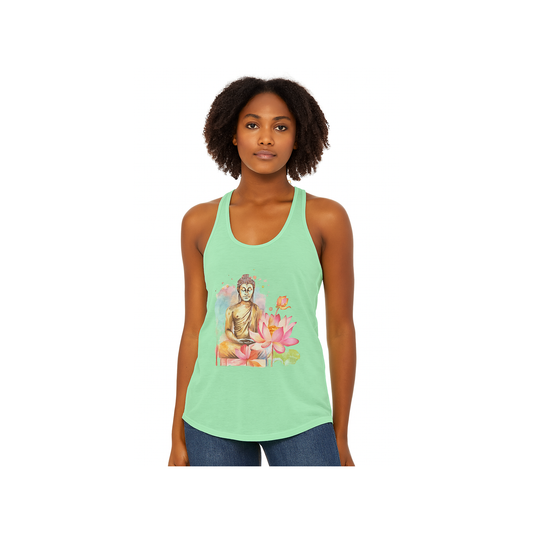Woman wearing a light green tank top with a Buddha design on a white background
