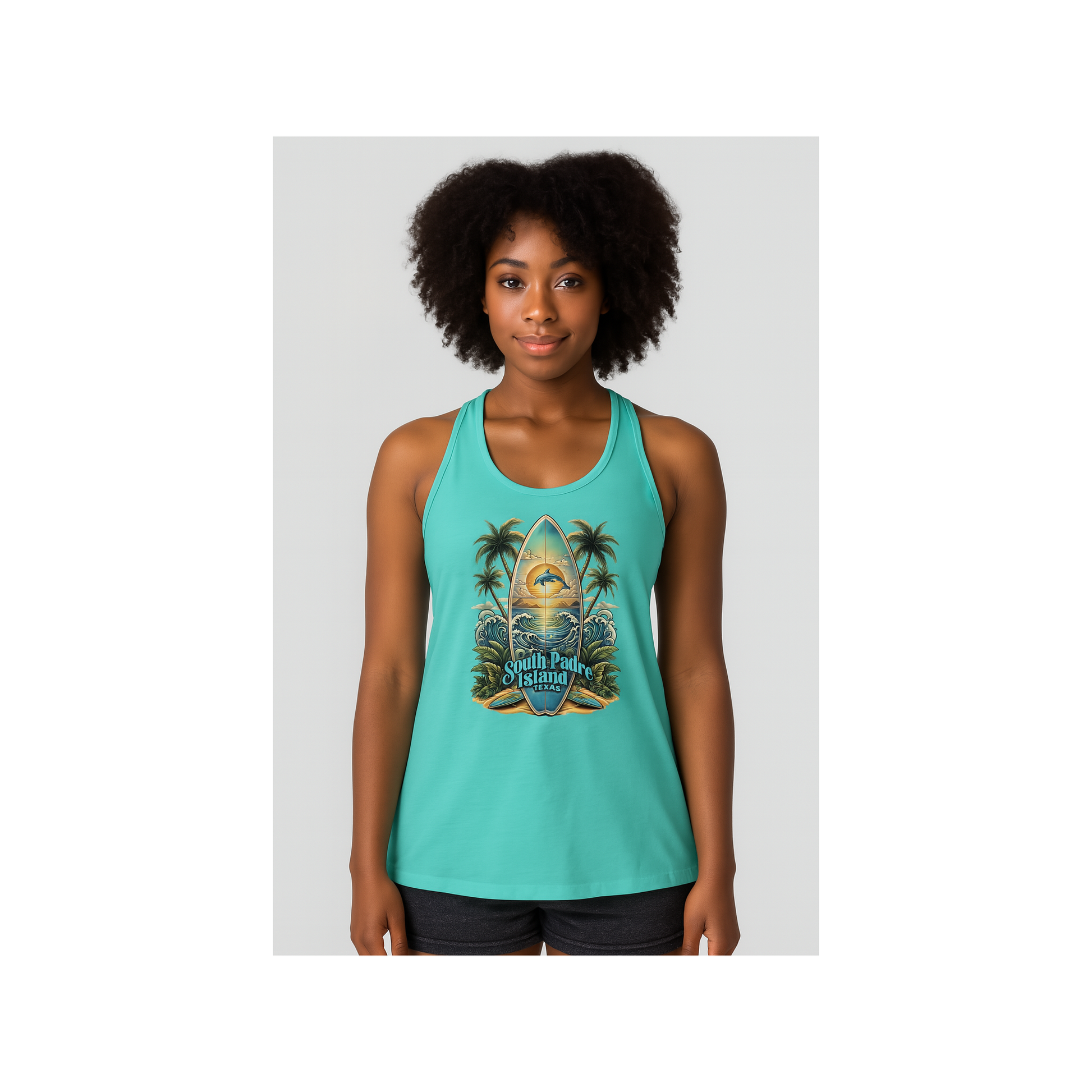 Woman wearing a teal tank top with a graphic design on a white background