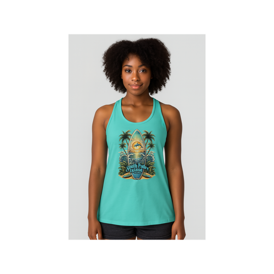 Woman wearing a teal tank top with a graphic design on a white background