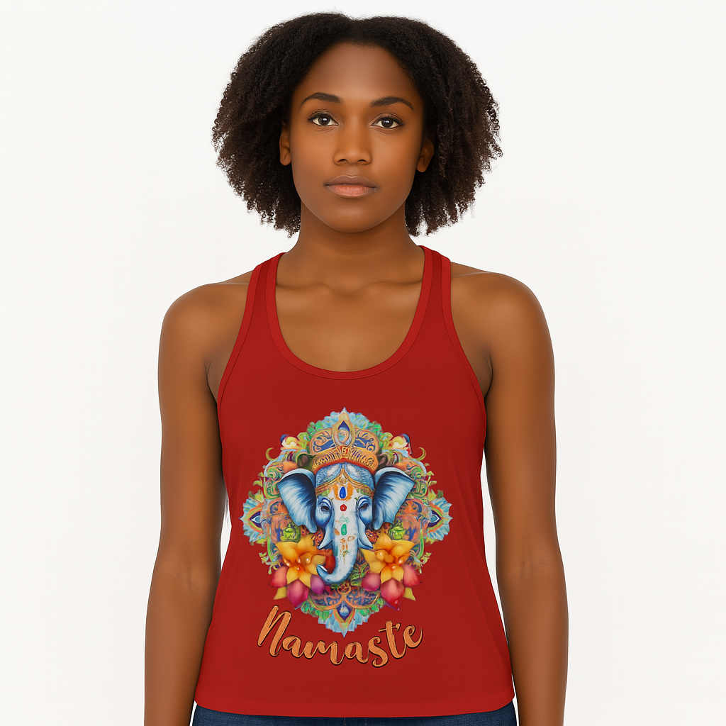 woman wearing red namaste razor back tank