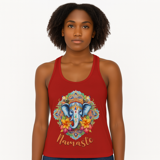 woman wearing red namaste razor back tank