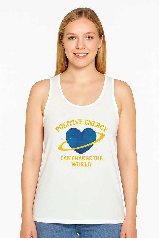 woman wearing Positive Energy Unisex Jersey Tank Top – Mindful Vibes