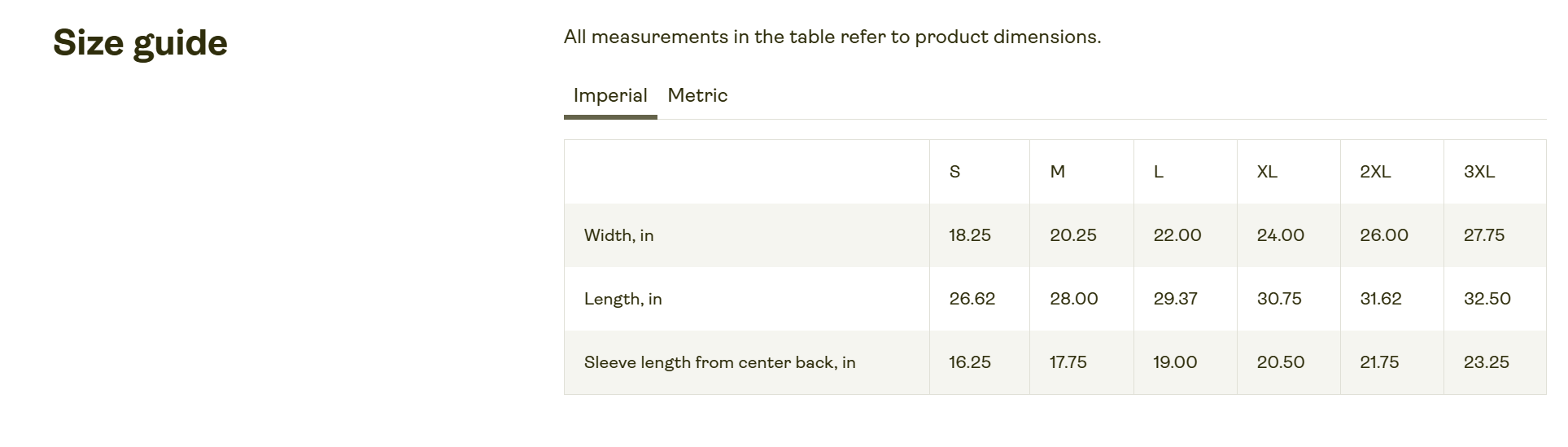 Comfort Color 1745 Size Chart