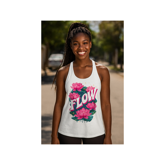 Woman wearing a white tank top with floral design and 'FLOW' text outdoors.
