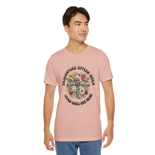 man wearing peach Dragonflies Appear Unisex T-Shirt – Memorial Comfort Tee