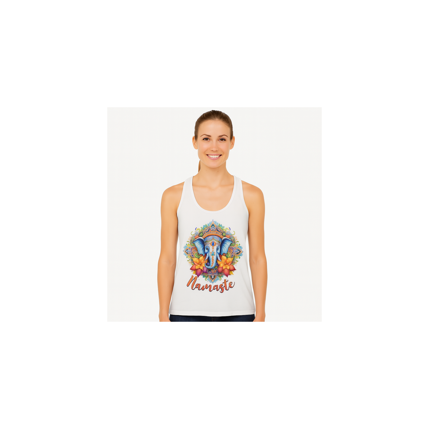 woman wearing white namaste razor back tank