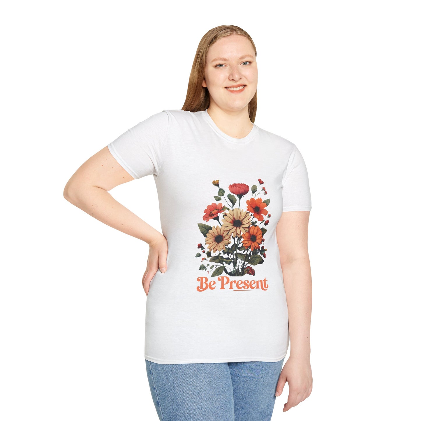 woman wearing white Be Present Unisex Softstyle T-Shirt – Mindful & Spiritual Tee