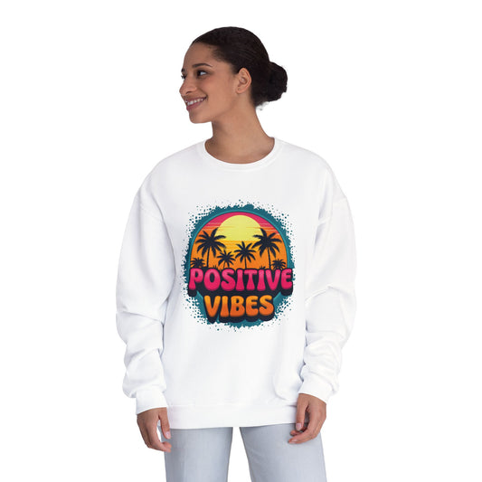 woman wearing white positive vibes sweatshirt