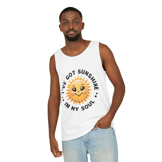man wearing white Sunshine Soul Tank Top – Unisex Tank for Summer | Beachwear, Positive Vibes