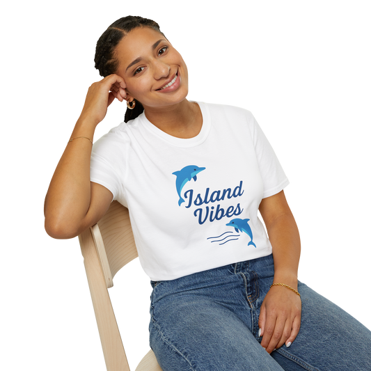woman wearing white dolphin island vibes tee