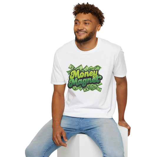Man Wearing White Money Magnet Unisex Softstyle T-Shirt – Attract Wealth & Prosperity