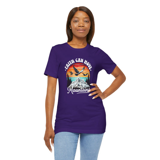 woman wearing purple  Faith Can Move Mountains Unisex Jersey Short Sleeve Tee