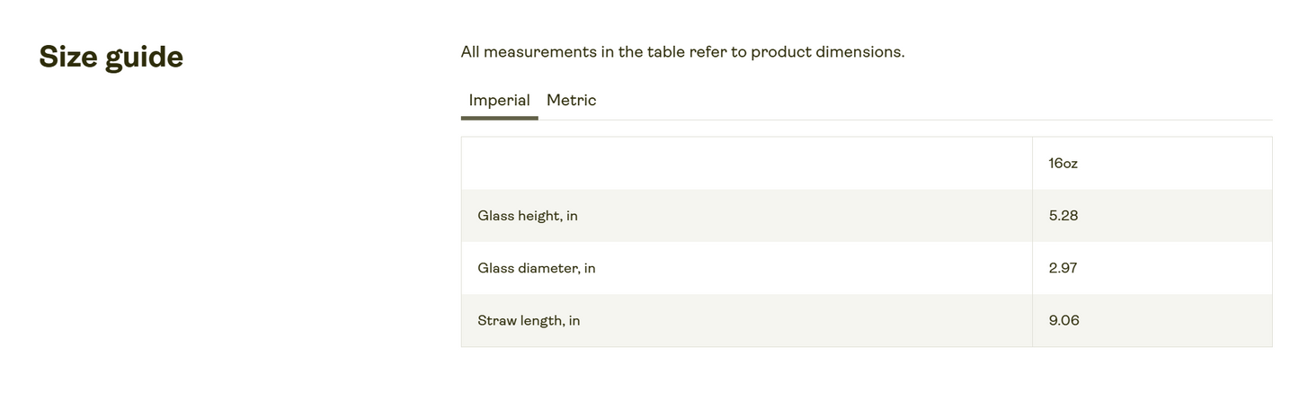 Size guide with imperial and metric measurements for glass height, diameter, and straw length.