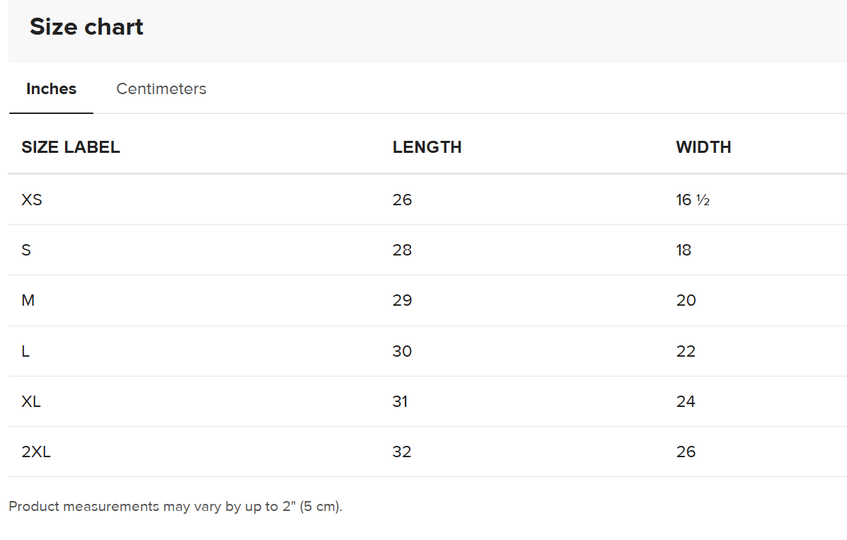 Tulex Raglan Tee Size Chart