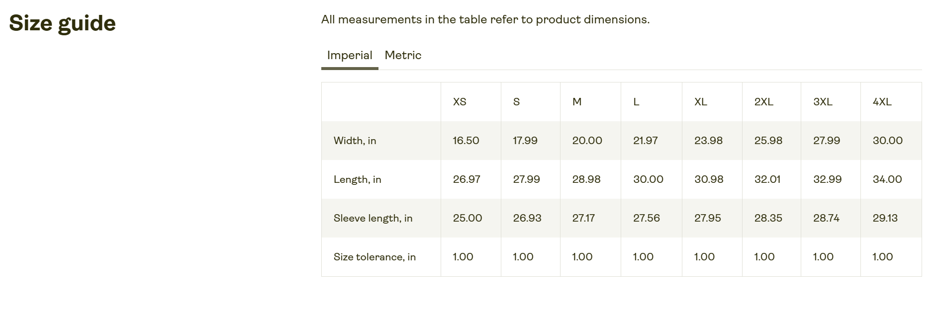 Bella+Canvas 3501 Size Chart