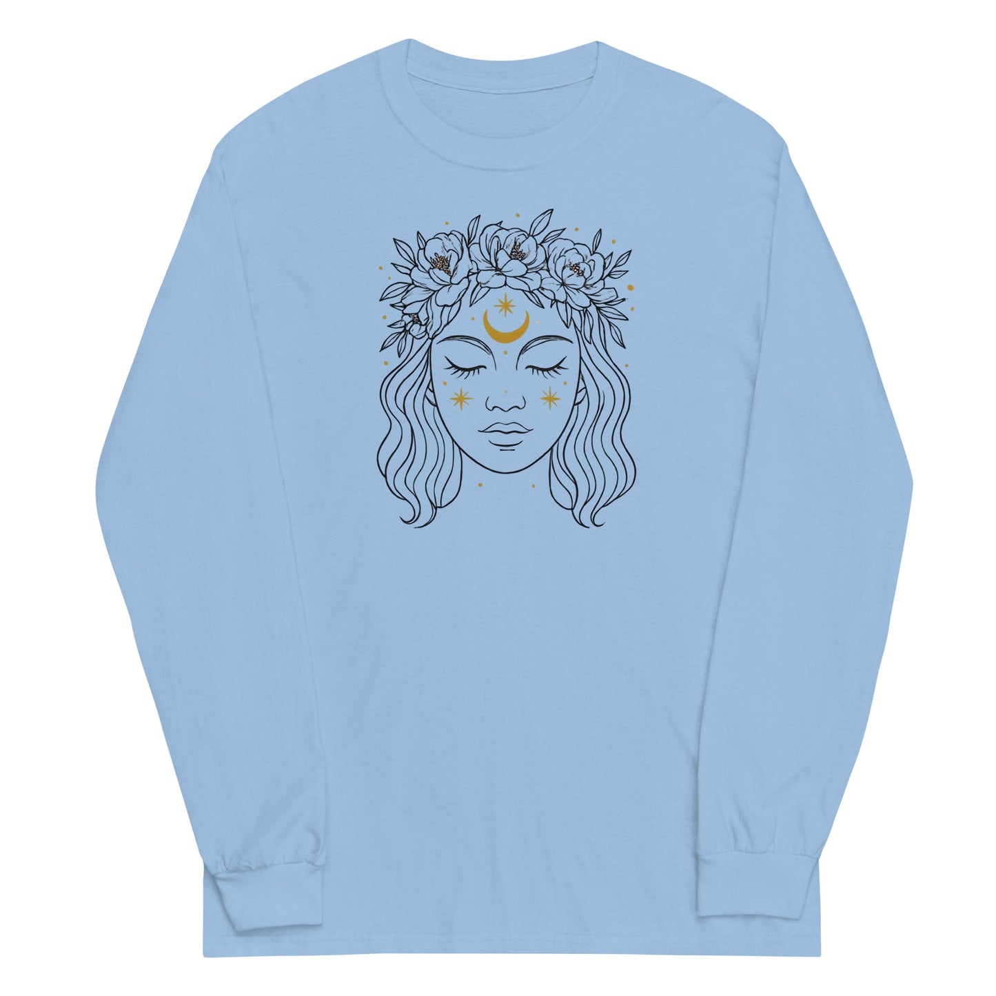 Light blue long-sleeve shirt with a graphic of a face with flowers and a moon on a white background