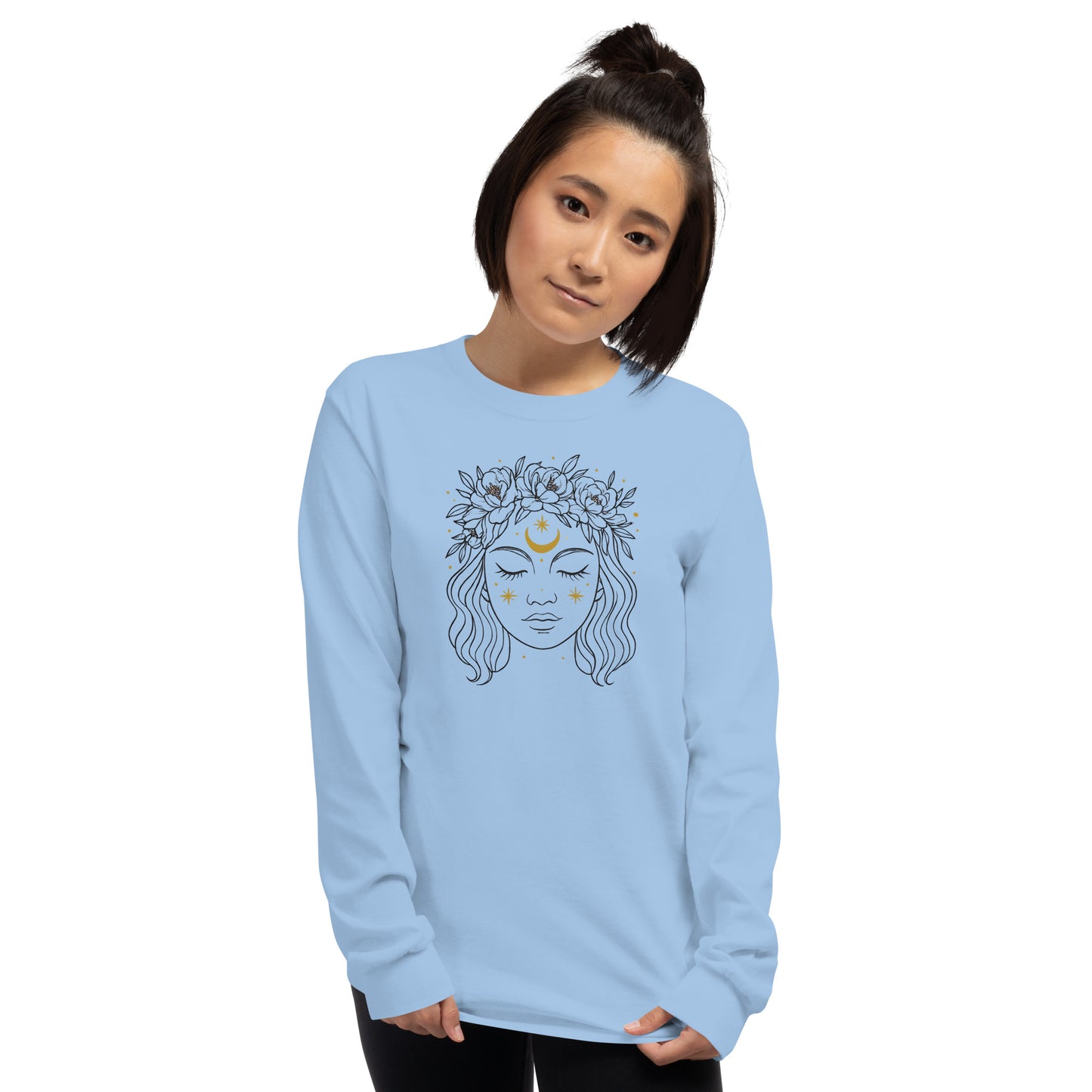 woman wearing blue Inner Goddess Tee – Black & White Flower Crown Line Art