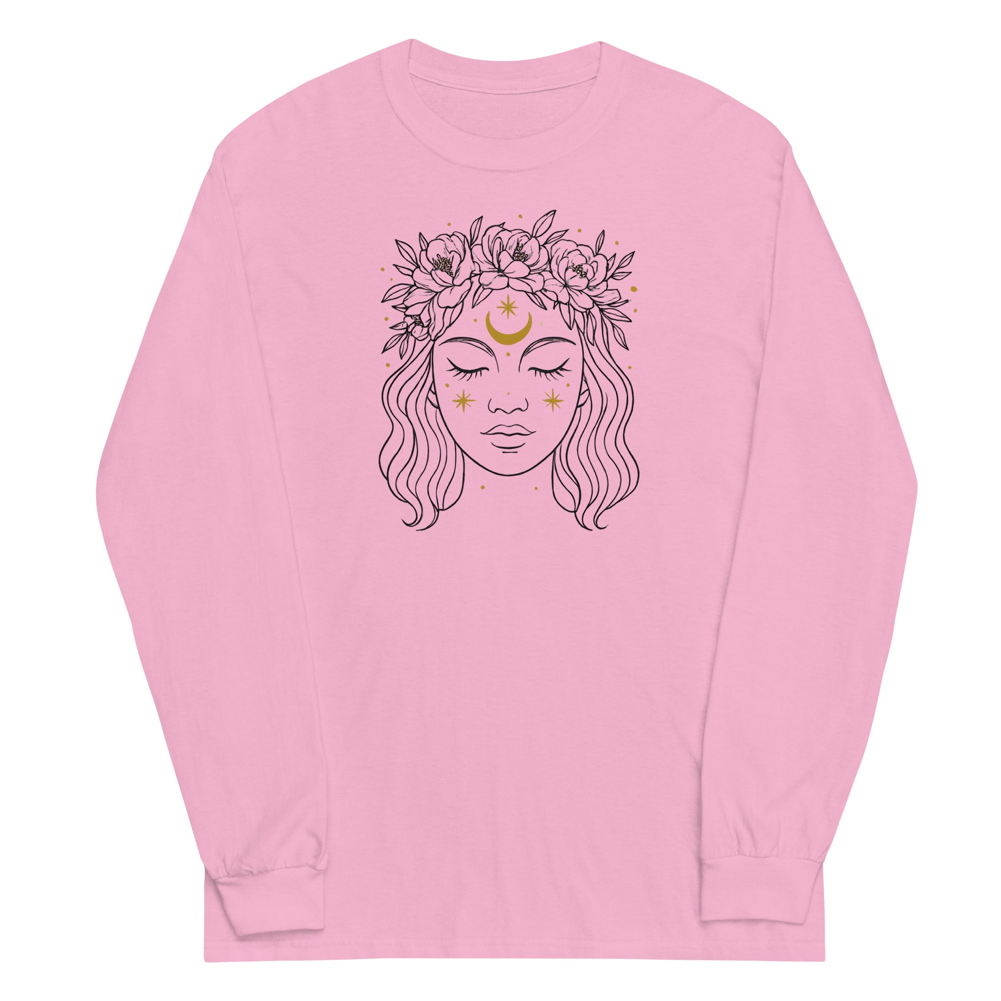 Pink long-sleeve shirt with a graphic of a face with flowers and a moon symbol on a white background