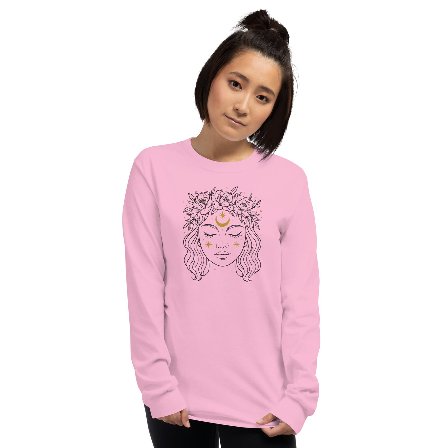 Woman wearing pink Inner Goddess Tee – Black & White Flower Crown Line Art