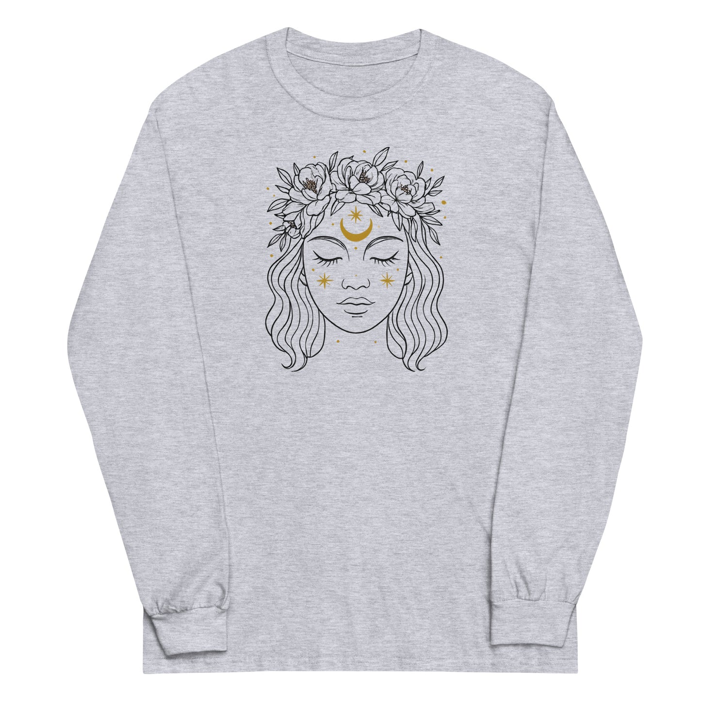 Gray long-sleeve shirt with a graphic of a face with flowers and a moon on a white background