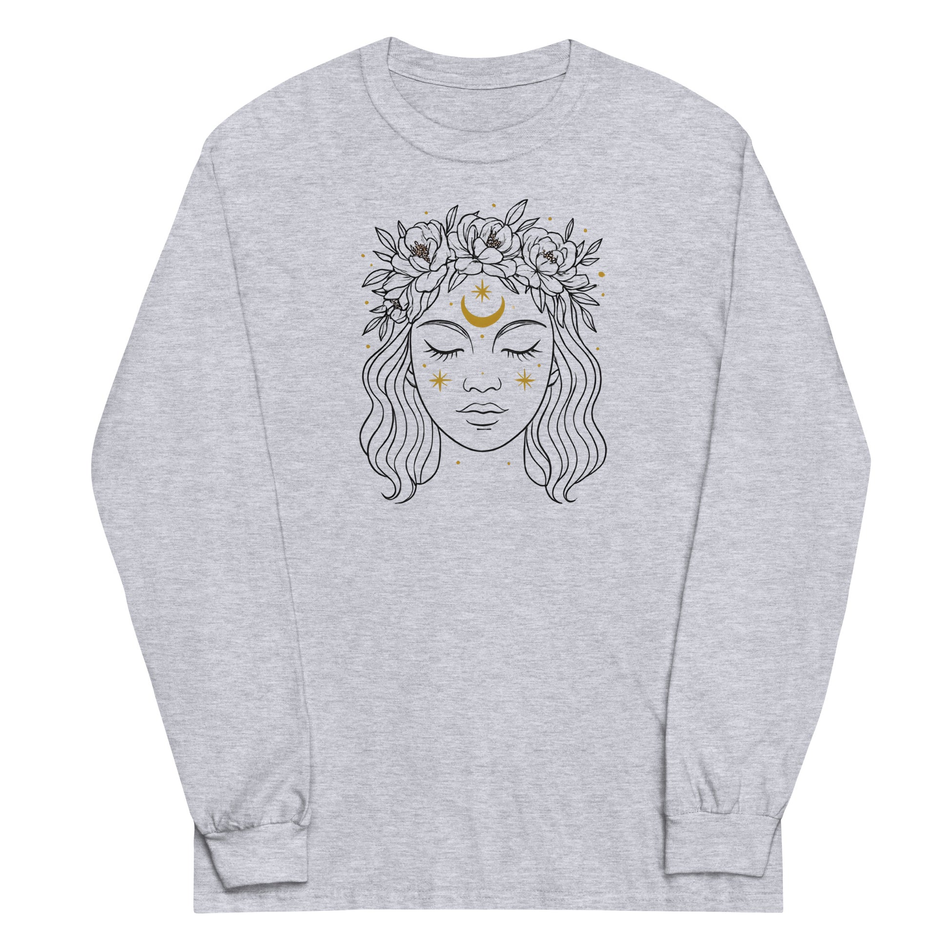 Gray long-sleeve shirt with a graphic of a face with flowers and a moon on a white background