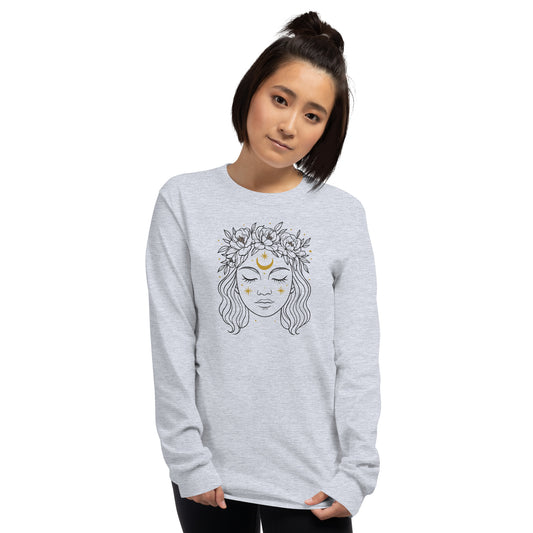 Person wearing a gray sweatshirt with a face design on a white background