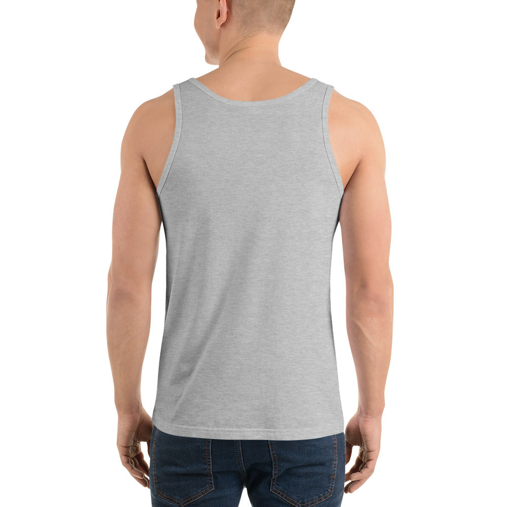 back of man wearing grey Positive Energy Unisex Jersey Tank Top – Mindful Vibes