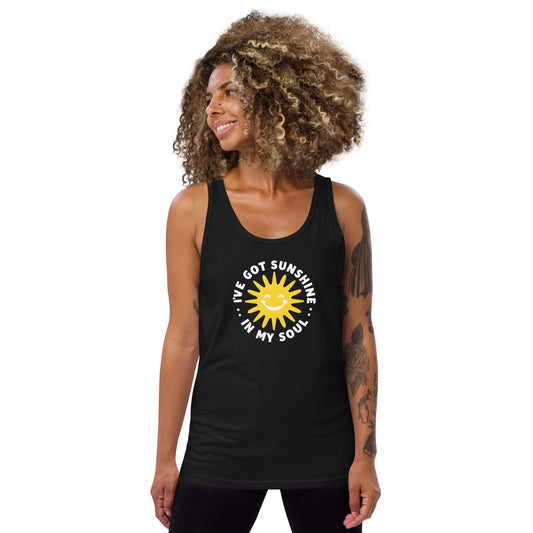 Woman wearing a black tank top with  I've got sunshine in my soul graphic and text on a white background