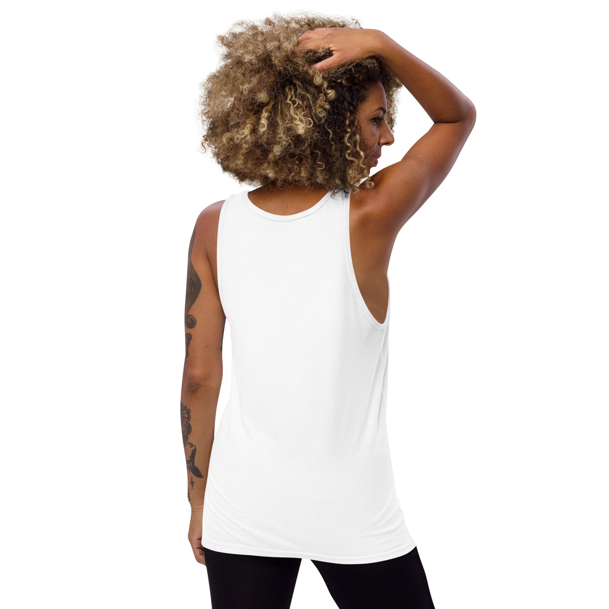 back of woman wearing white Positive Energy Unisex Jersey Tank Top – Mindful Vibes
