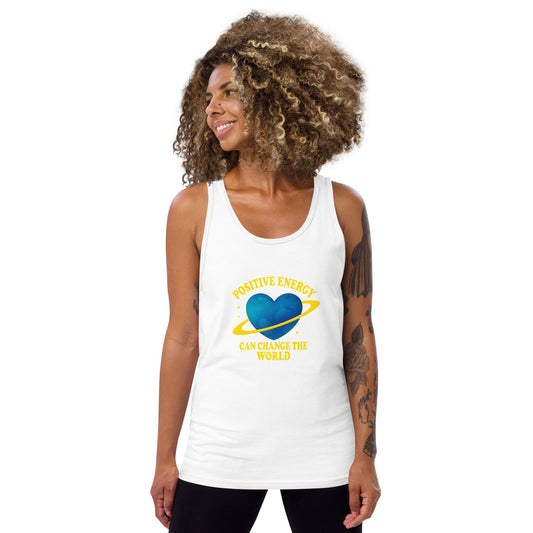 woman wearing white Positive Energy Unisex Jersey Tank Top – Mindful Vibes