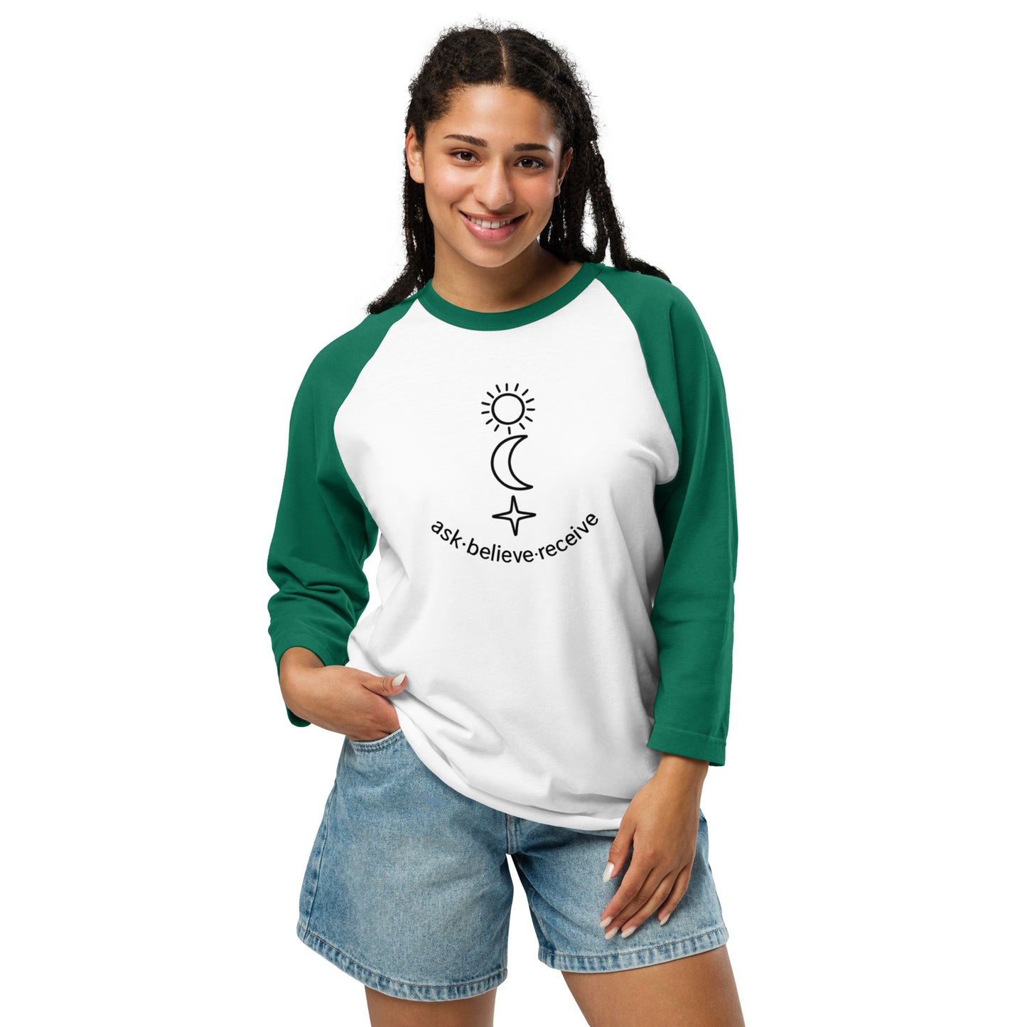 woman wearing green and white Ask Believe Receive – Unisex 3/4 Sleeve Baseball Tee