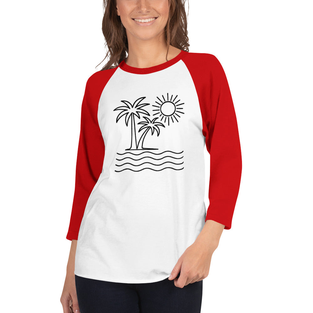 Person wearing a white and red baseball shirt with a palm tree and sun design.