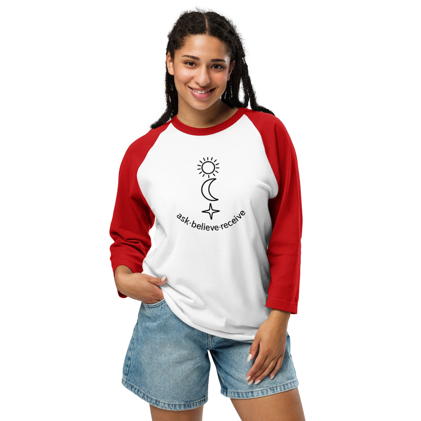woman wearing red and white Ask Believe Receive – Unisex 3/4 Sleeve Baseball Tee