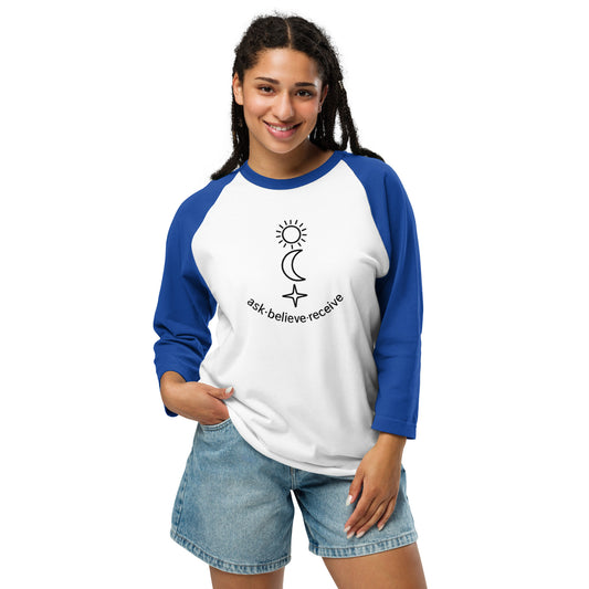 woman wearing blue and white Ask Believe Receive – Unisex 3/4 Sleeve Baseball Tee