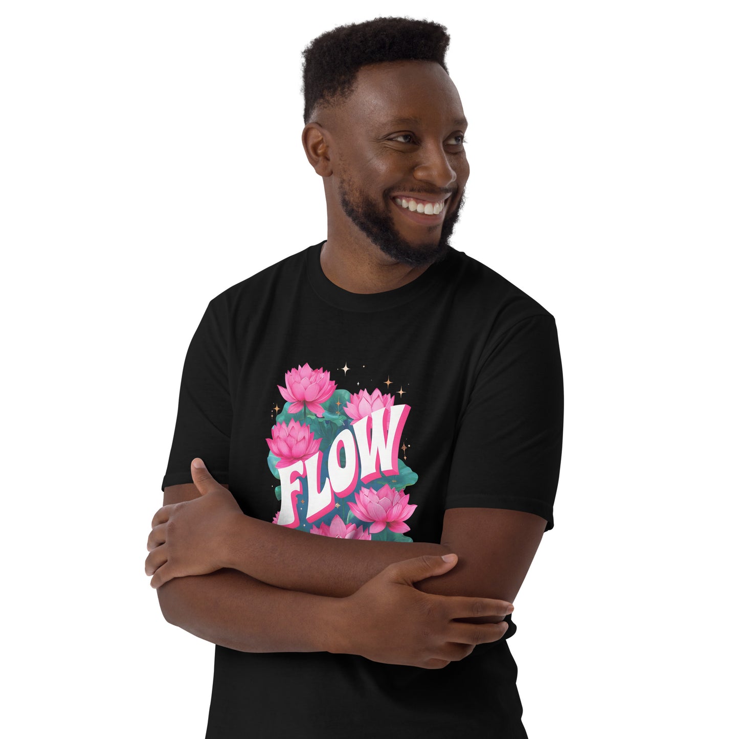 Man wearing a black t-shirt with pink floral design and 'FLOW' text on a white background